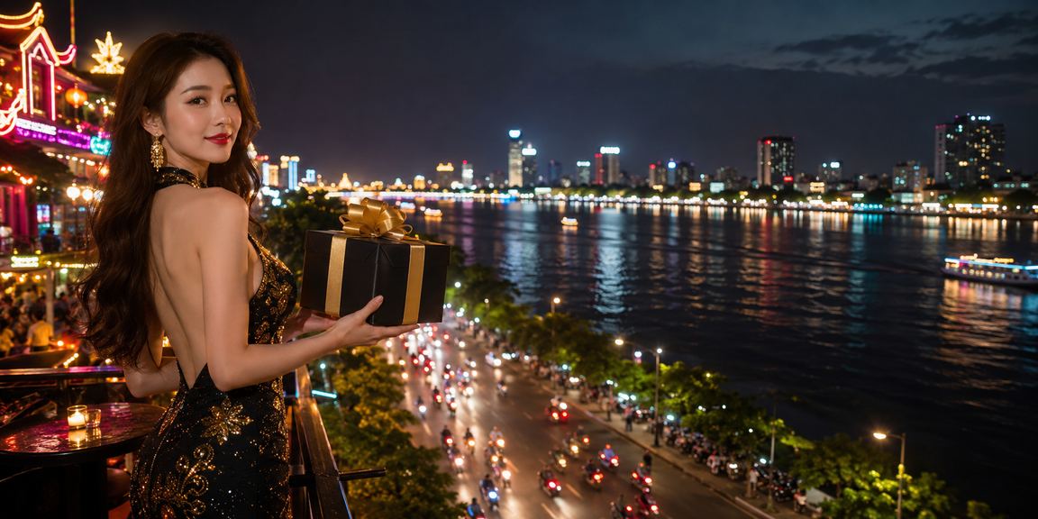 Ánh đèn neon rực rỡ phản chiếu trên mặt nước sông Mekong về đêm, gợi cảm giác giải trí sôi động
