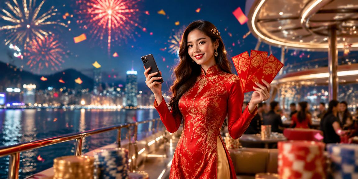 Cô gái mặc áo dài cầm phong bì đỏ tượng trưng cho voucher thưởng tại Nha Trang